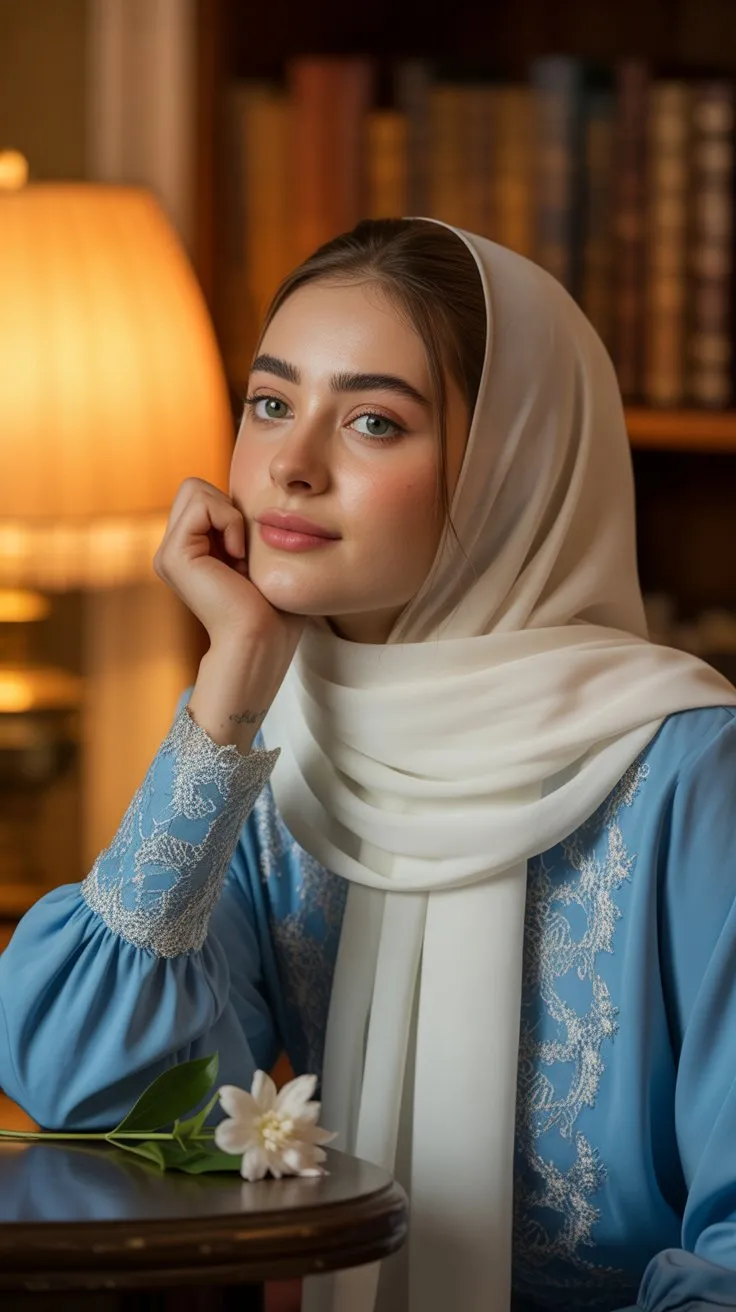 AI image prompt: Cinematic Portrait of a Young Woman in White Hijab and Blue Lace Dress - Ideogram 1.0 style