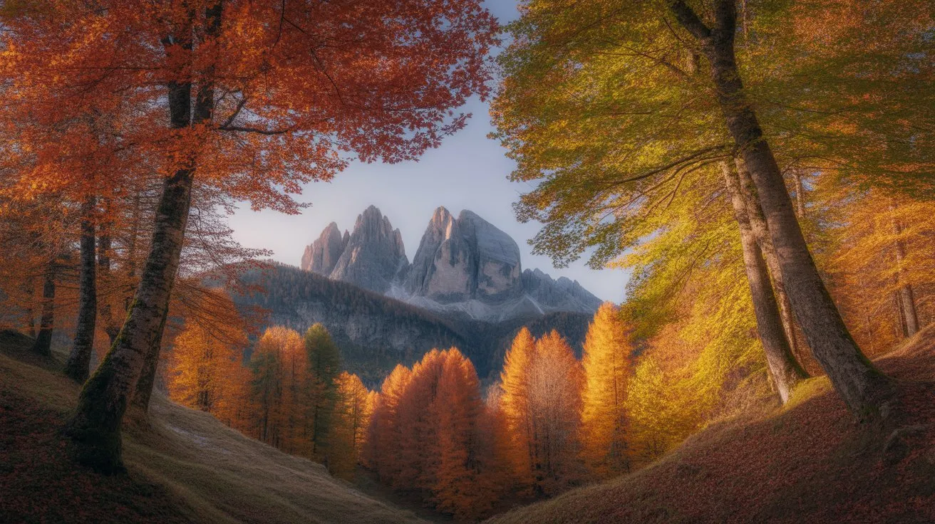 AI image prompt: Dramatic Autumn Dolomites Landscape in Peter Lik Style - Ideogram 1.0 style