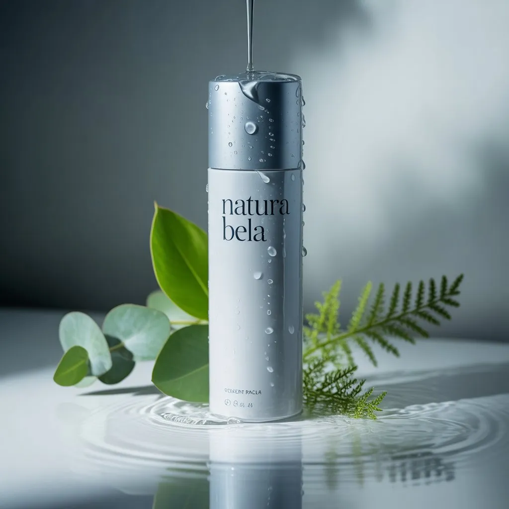 AI image prompt: Sleek Silver Skincare Bottle with Botanical Elegance - Ideogram 1.0 style