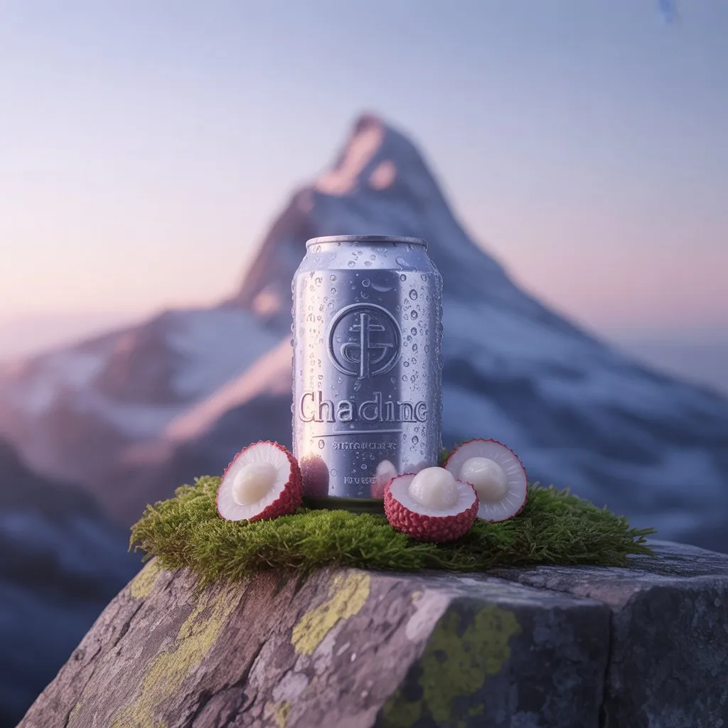 AI image prompt: Chilled Beverage Can on Granite with Mountain Dawn Backdrop - Ideogram 1.0 style