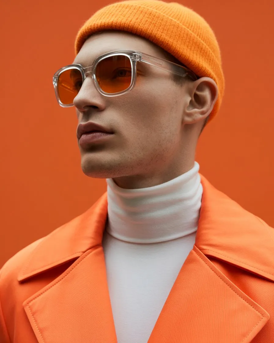 AI image prompt: Bold Editorial Portrait of Male Model in Orange Fashion - Ideogram 1.0 style