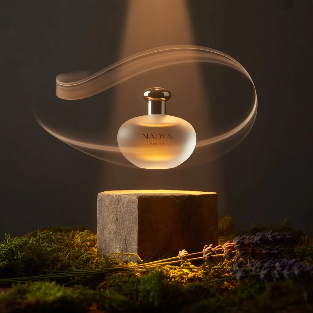 AI image prompt: Minimalist NADYA Perfume Bottle on Stone Pedestal with Amber Mist - Ideogram 1.0 style