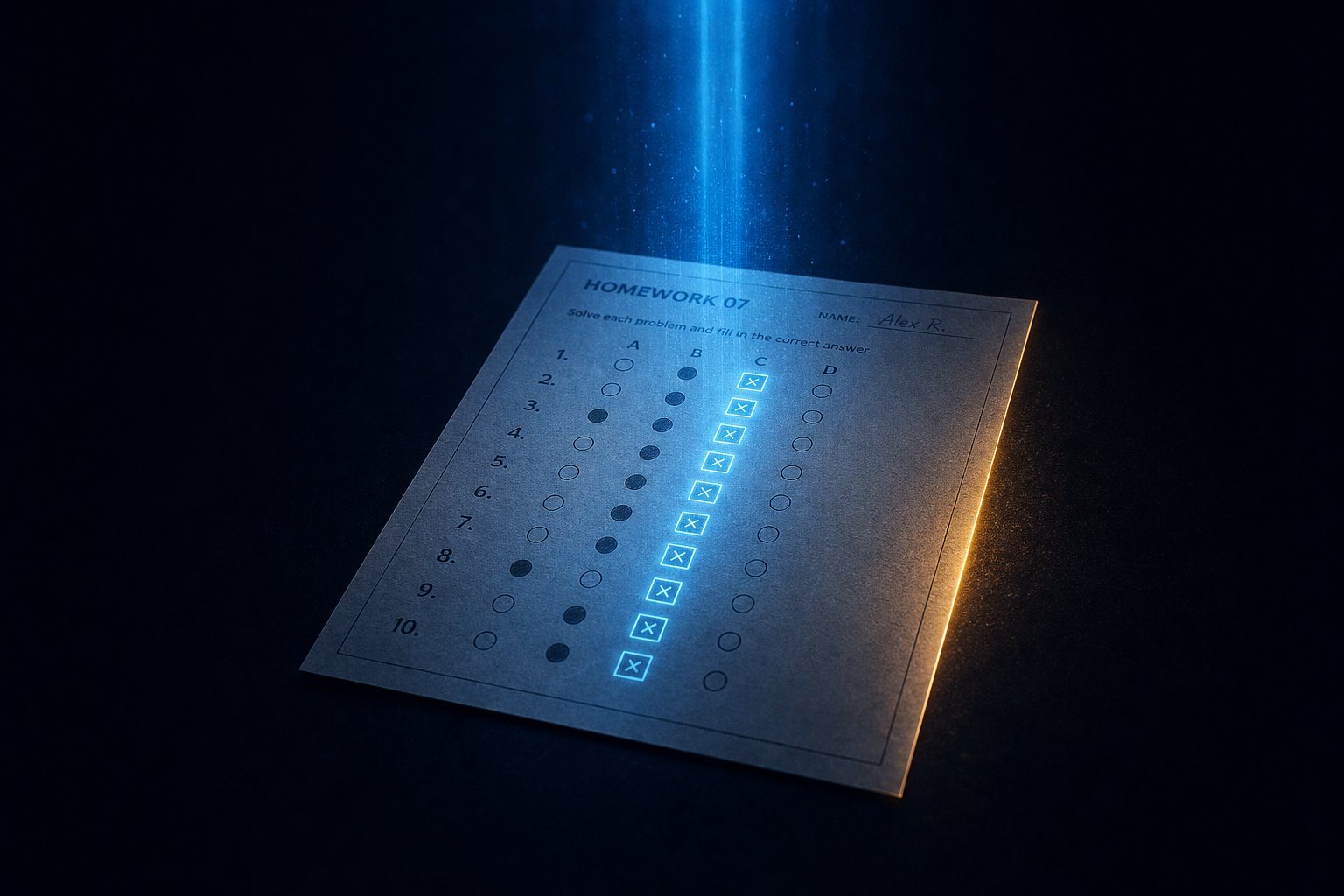 Diagram of multimodal multiple-choice homework with subtle visual perturbations and detected wrong-answer pattern fingerprint