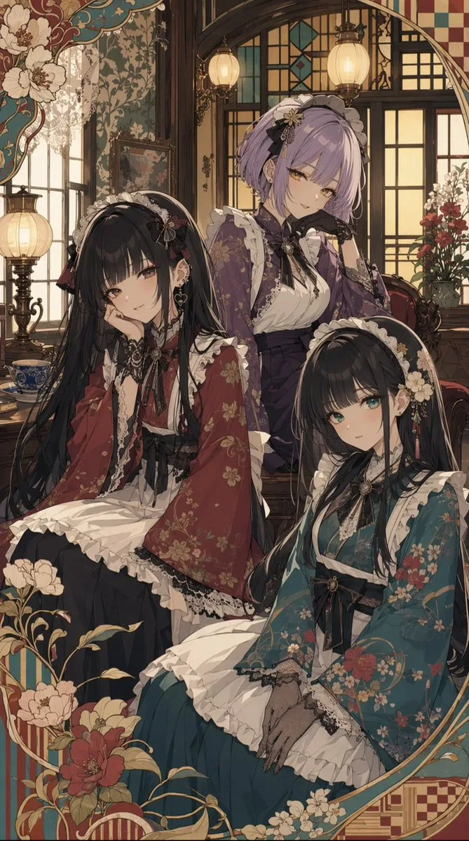 Taisho Romantic Cafe Trio (Anime / Manga style, made with GPT Image 2) - AI image prompt example