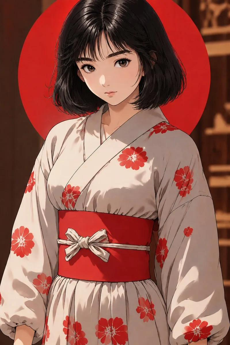 Anime Yukata Portrait with Red Sun Disk (Anime / Manga style, made with GPT Image 2) - AI image prompt example