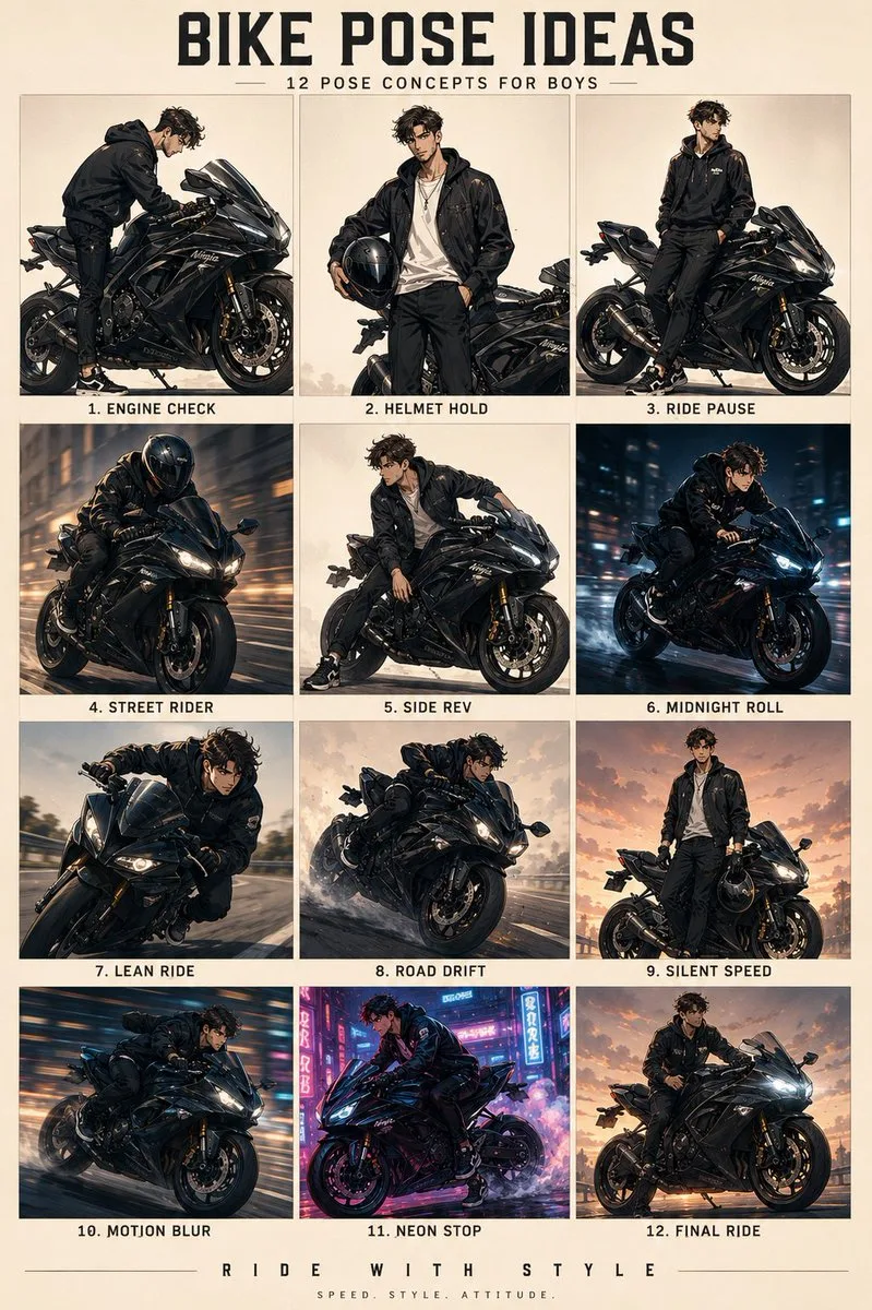 Anime Character Motorbike Pose Sheet (Anime / Manga style, made with GPT Image 2) - AI image prompt example