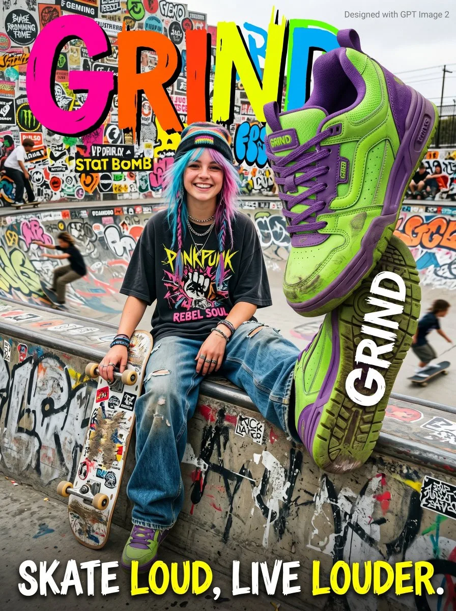 Gen Z Skateboarding Advertisement Poster (Poster / Flyer style, made with GPT Image 2) - AI image prompt example