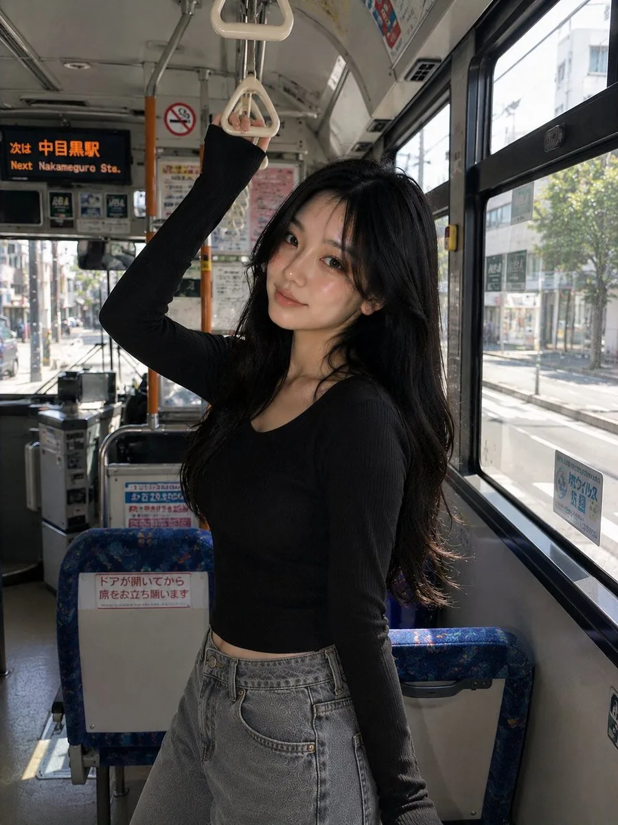 Korean Girl Urban Bus Candid (Photography style, made with GPT Image 2) - AI image prompt example