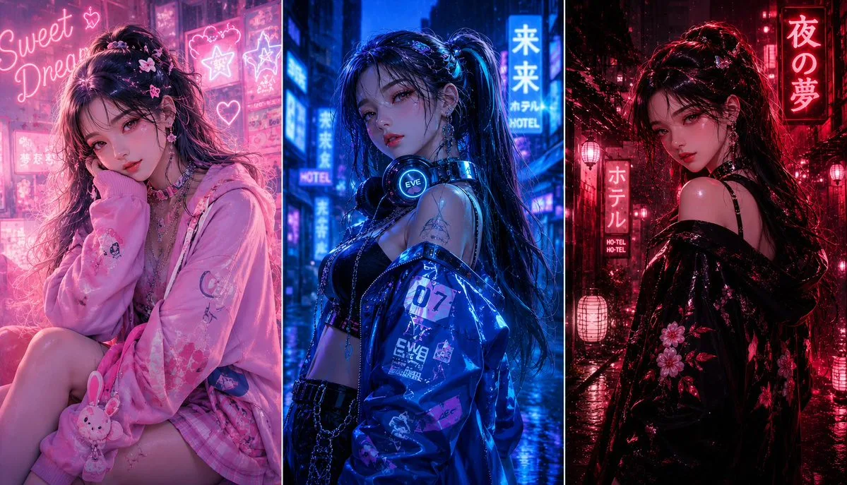 Three-panel anime fashion collage (Anime / Manga style, made with GPT Image 2) - AI image prompt example