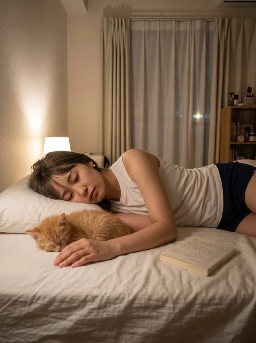 Cozy Bedroom Nap With Cat (Cinematic / Film Still style, made with GPT Image 2) - AI image prompt example
