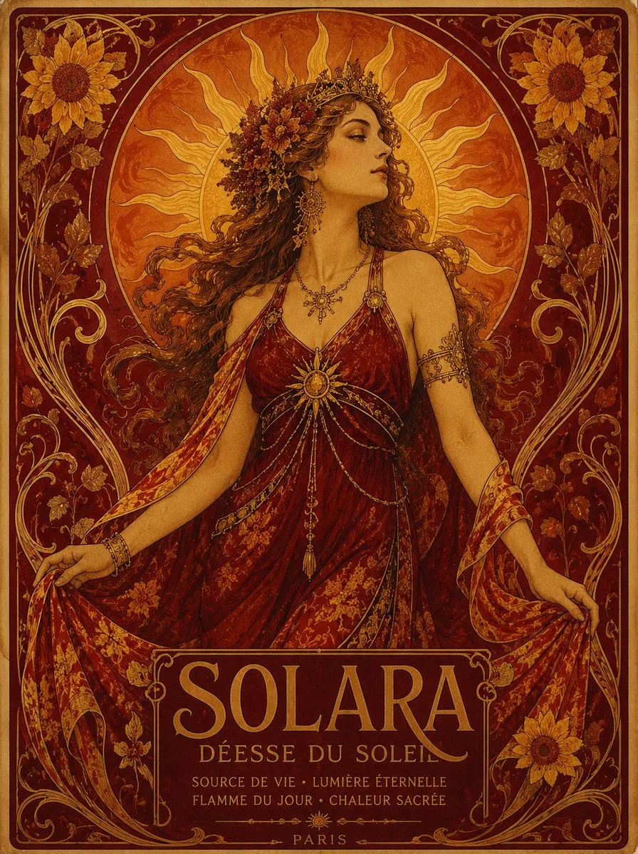 Solara Art Nouveau Sun Goddess Poster (Poster / Flyer style, made with GPT Image 2) - AI image prompt example