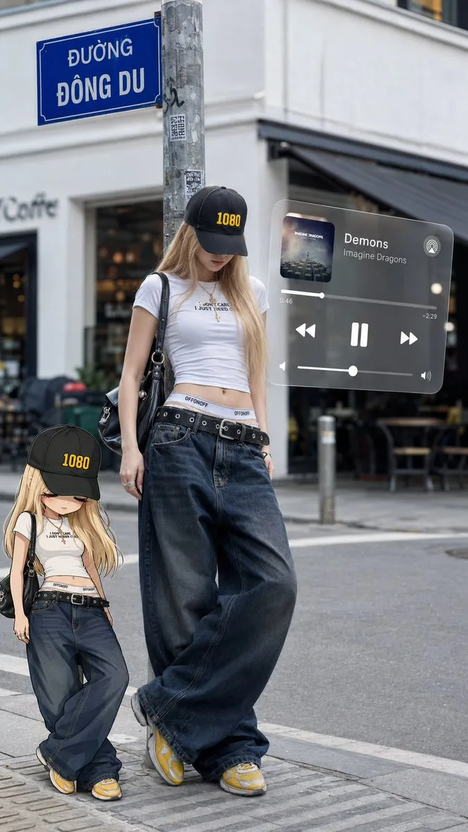 Urban street fashion portrait with AR overlays (Photography style, made with GPT Image 2) - AI image prompt example