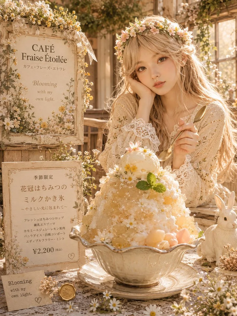Floral Honey Milk Kakigori Café Scene (Cinematic / Film Still style, made with GPT Image 2) - AI image prompt example