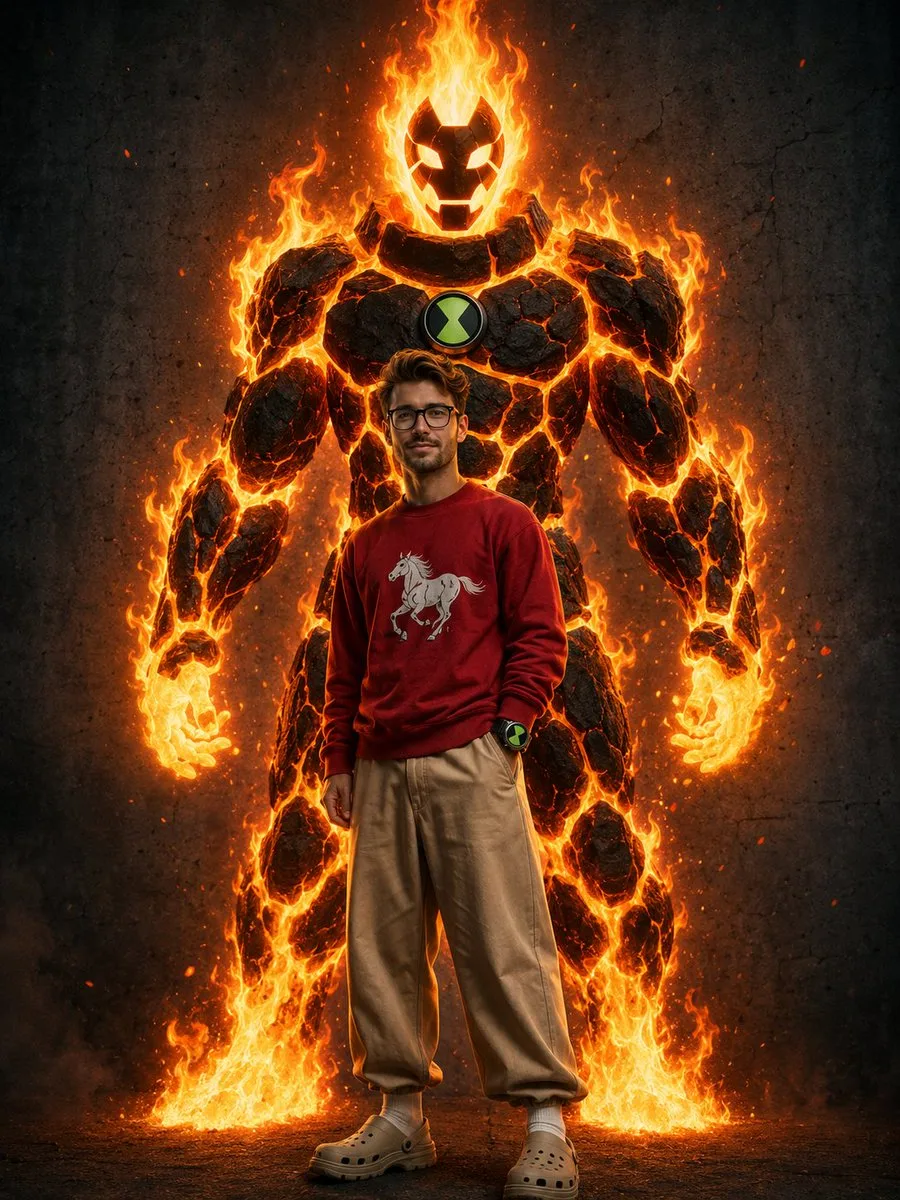 Heatblast Ben 10 Streetwear Portrait (Photography style, made with GPT Image 2) - AI image prompt example