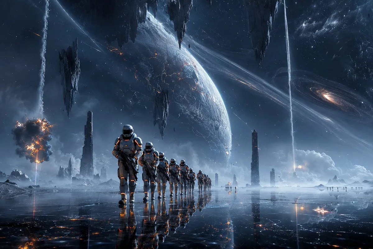 Cinematic Astronauts on Alien Ice World (Cinematic / Film Still style, made with GPT Image 2) - AI image prompt example
