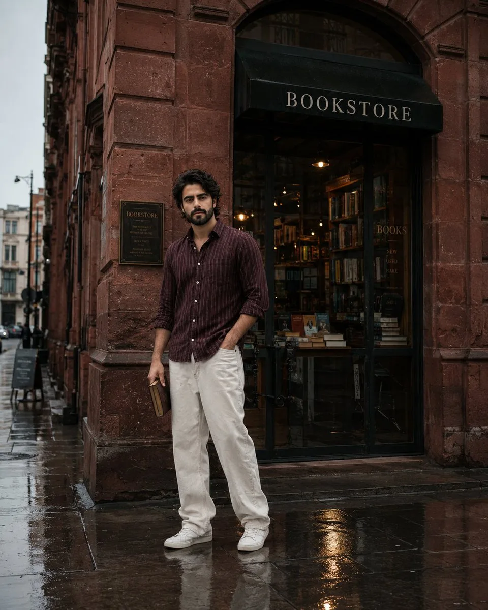 Street Side Bookstore Portrait (Photography style, made with GPT Image 2) - AI image prompt example