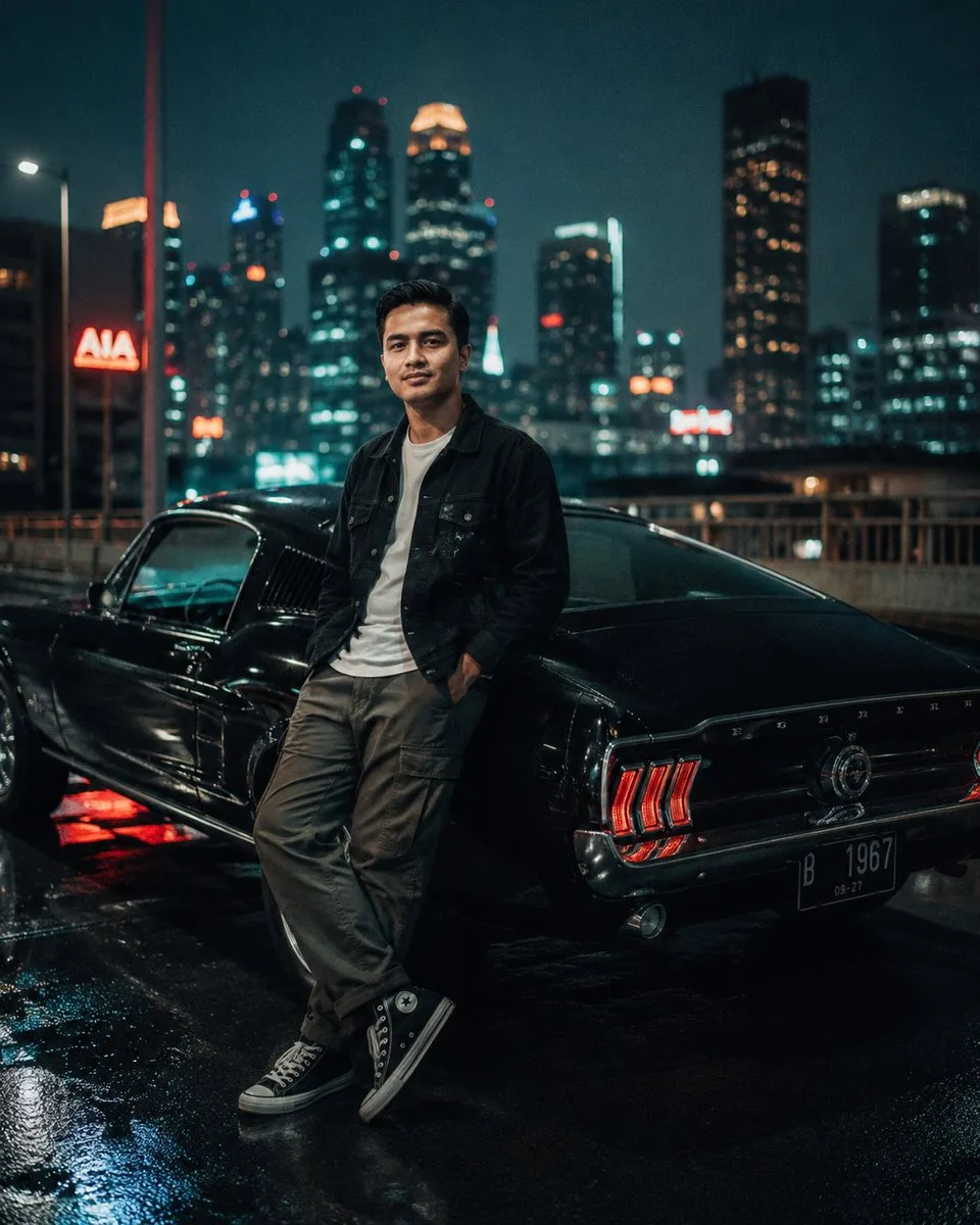 Cinematic Night City Mustang Portrait (Cinematic / Film Still style, made with GPT Image 2) - AI image prompt example
