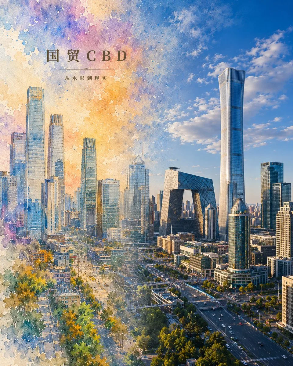 AI image: Watercolor to Reality Beijing CBD Poster