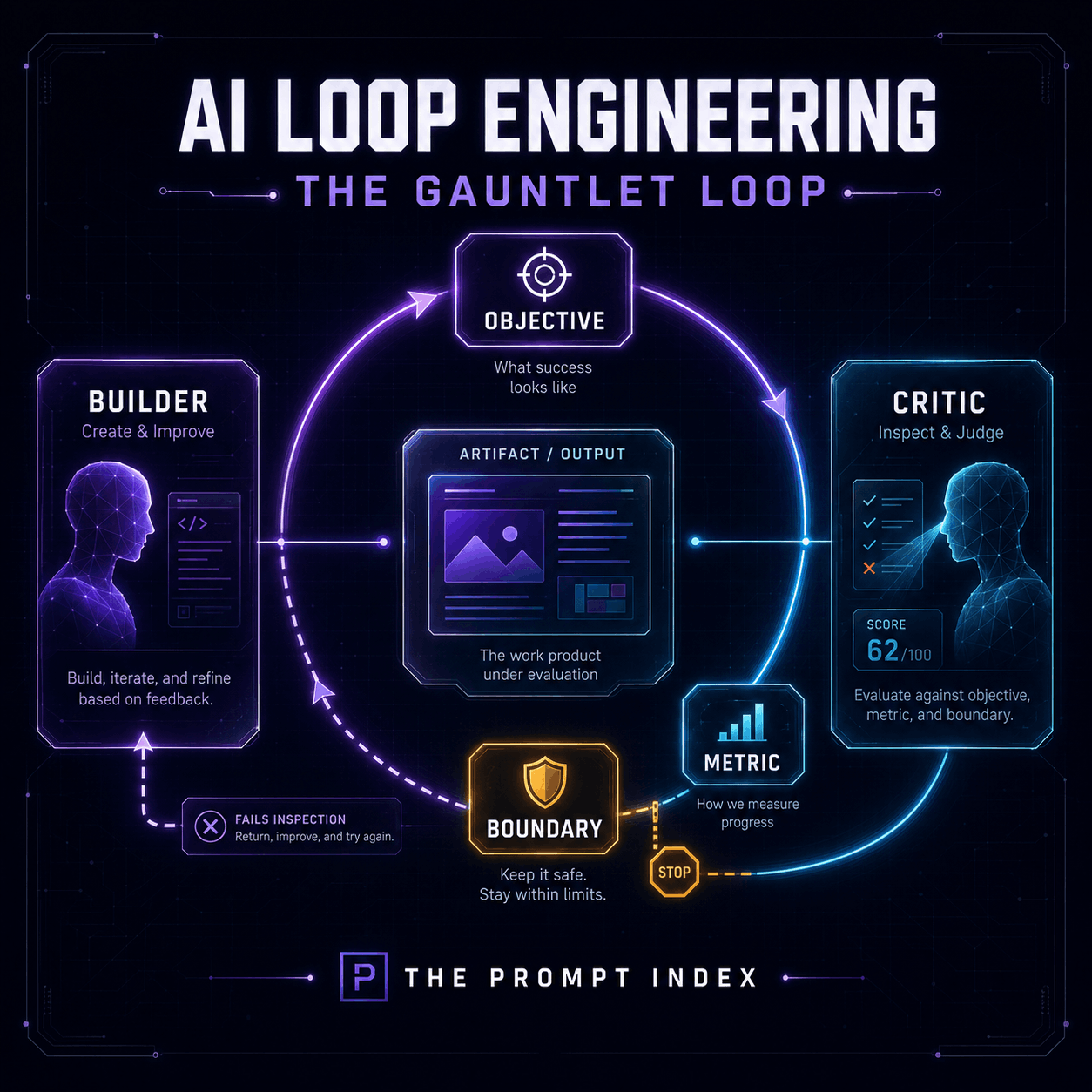 AI loop engineering diagram showing objective, metric, boundary, builder and critic cycles