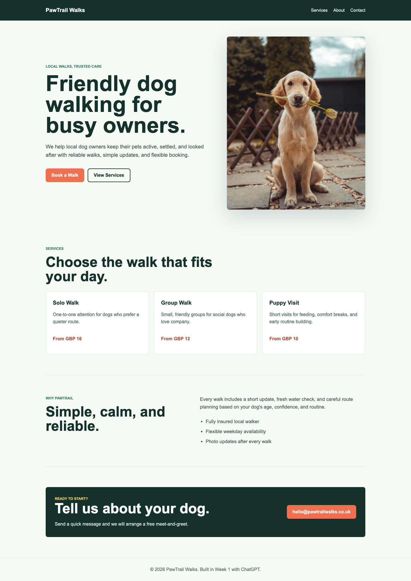 Finished desktop preview of the PawTrail Walks website