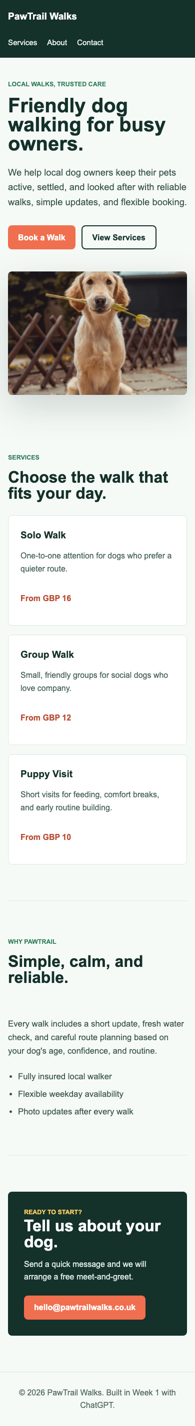 Finished mobile preview of the PawTrail Walks website