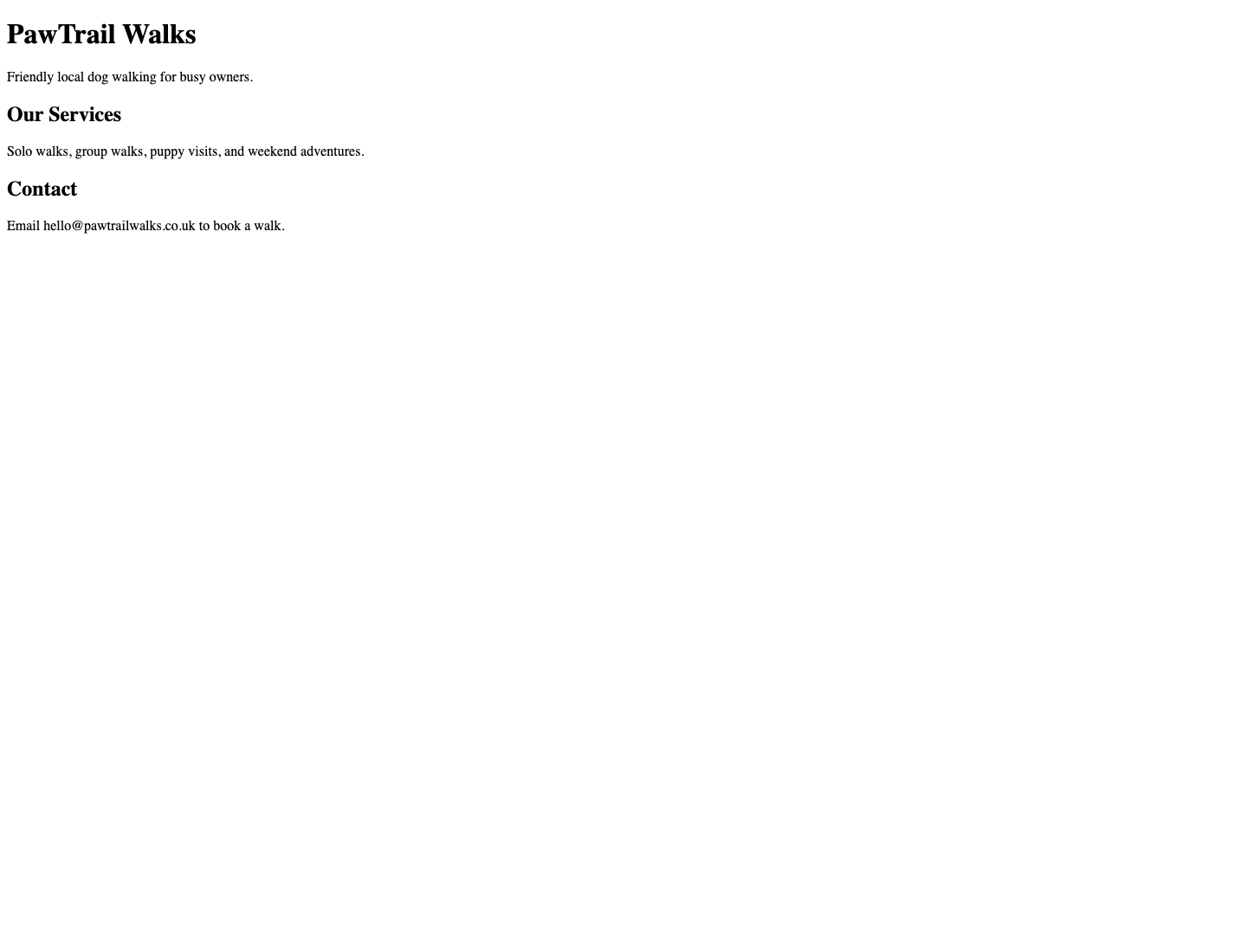 Plain HTML preview of the PawTrail Walks website