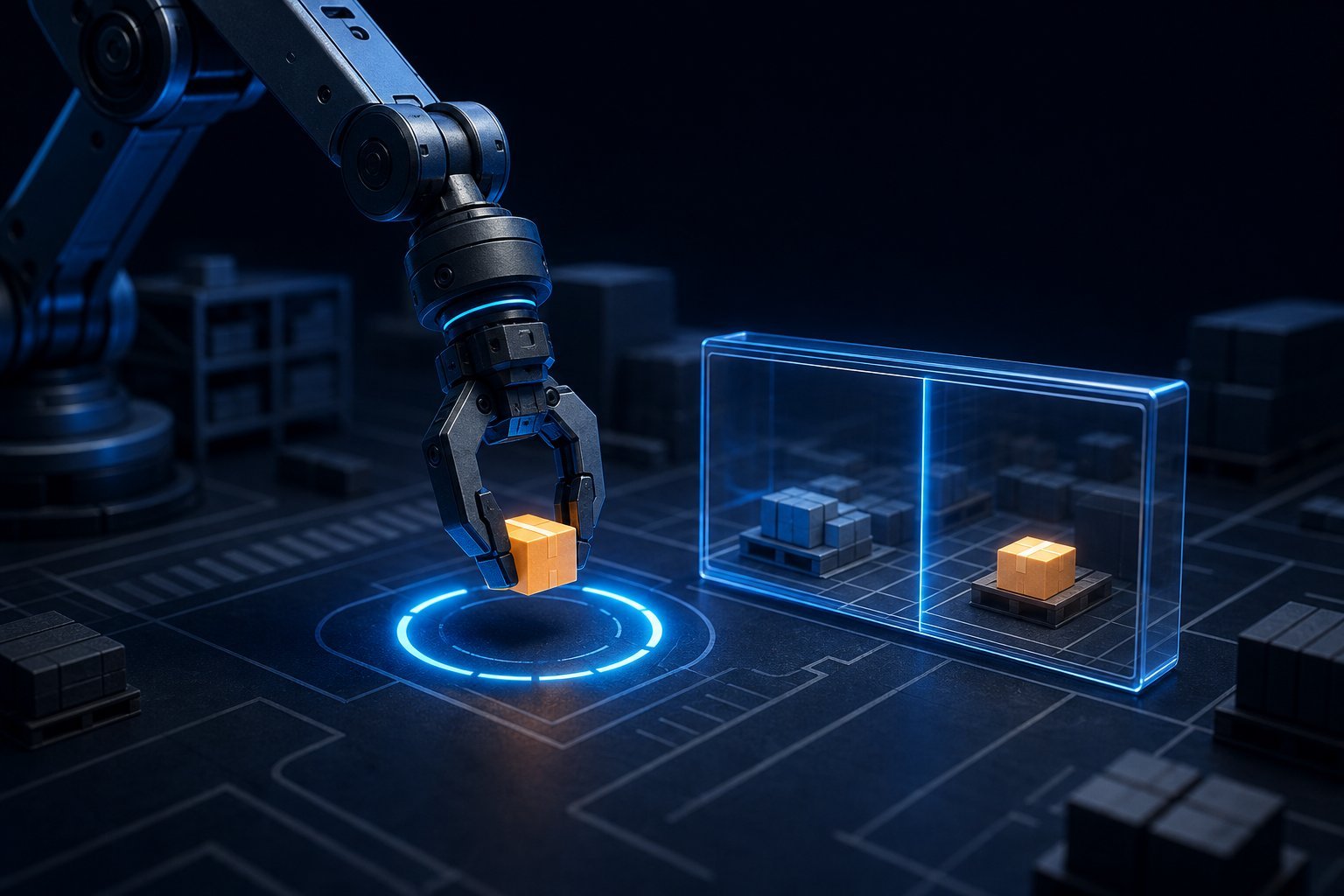 Robot executing one atomic action, then re-observing the world for a decide-act-verify loop