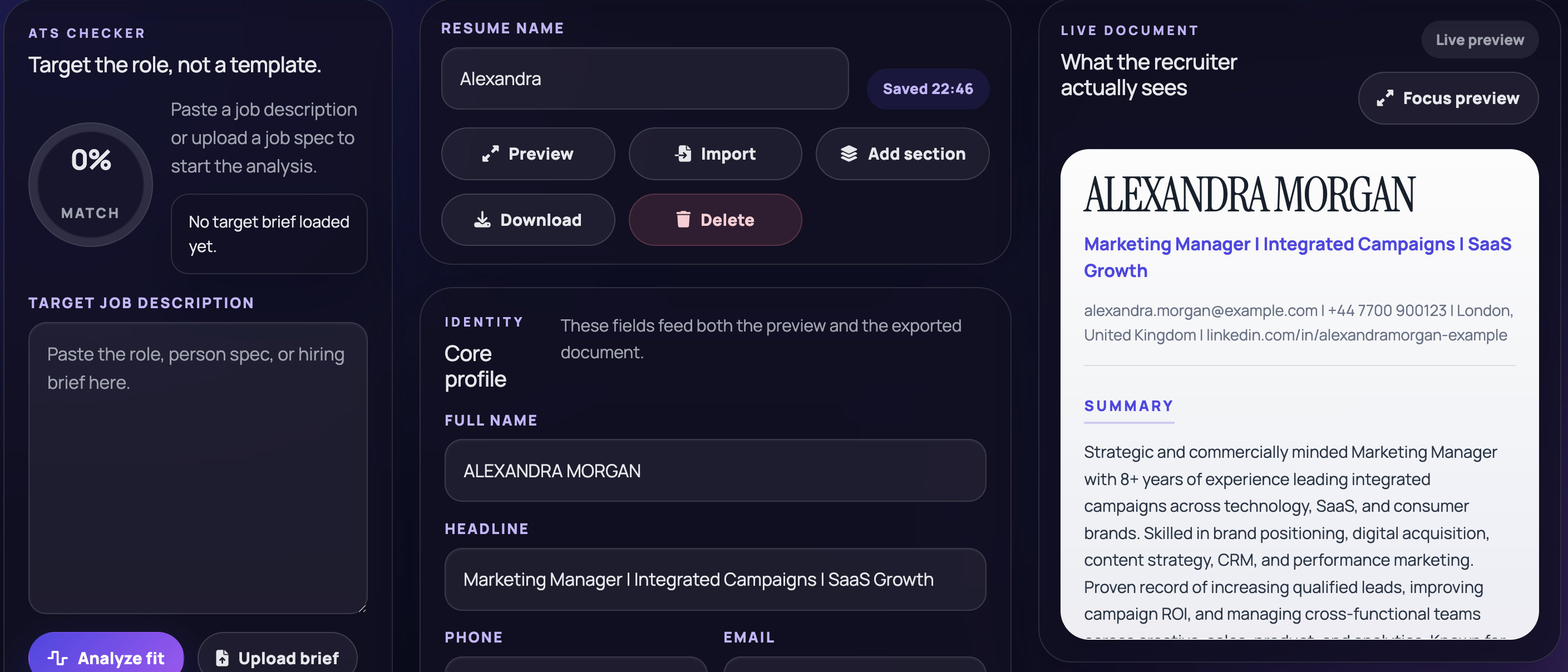 AI CV builder dashboard showing ATS score, keyword suggestions, and a live resume preview