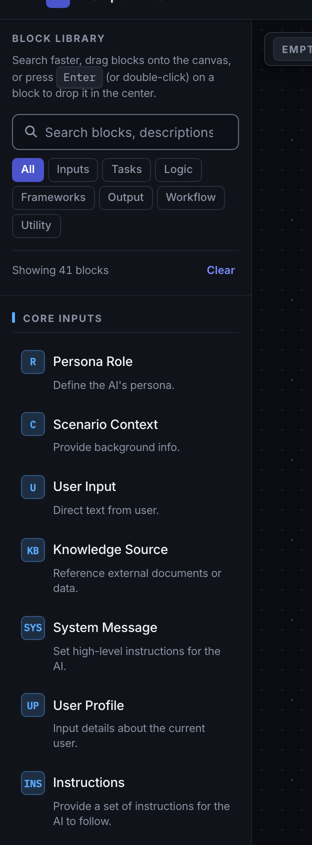 The block library sidebar showing search, category filters and blocks including Persona Role, Scenario Context, User Input, Knowledge Source and System Message