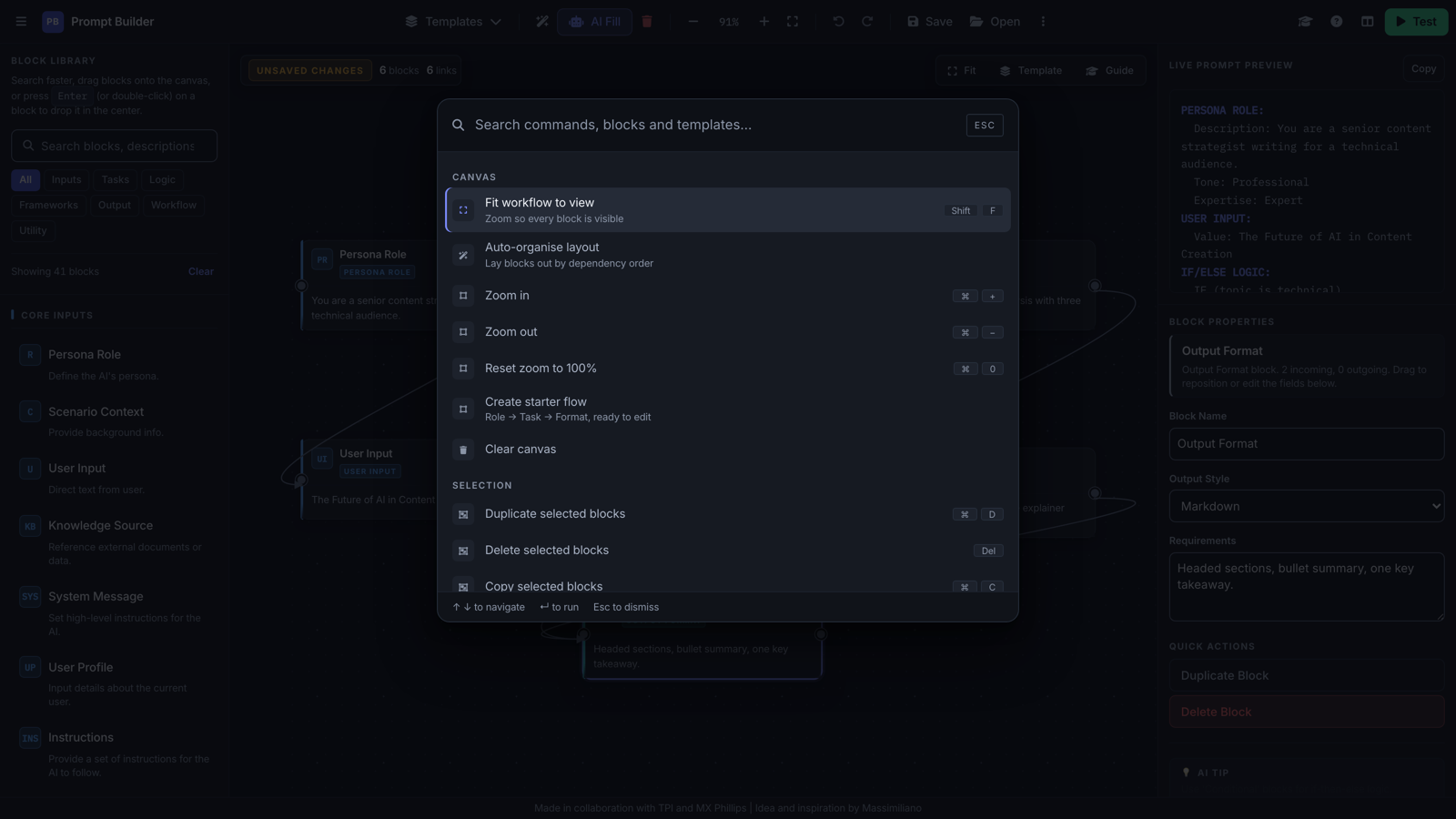 The command palette open over the canvas, showing canvas commands such as fit workflow to view, auto-organise layout, zoom and selection commands with their keyboard shortcuts