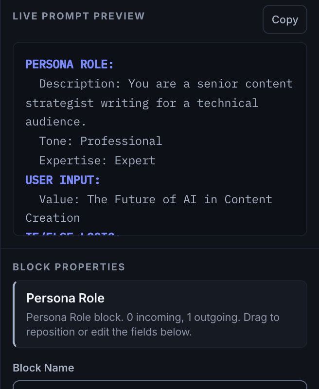 Live prompt preview showing the compiled PERSONA ROLE and USER INPUT sections with a Copy button