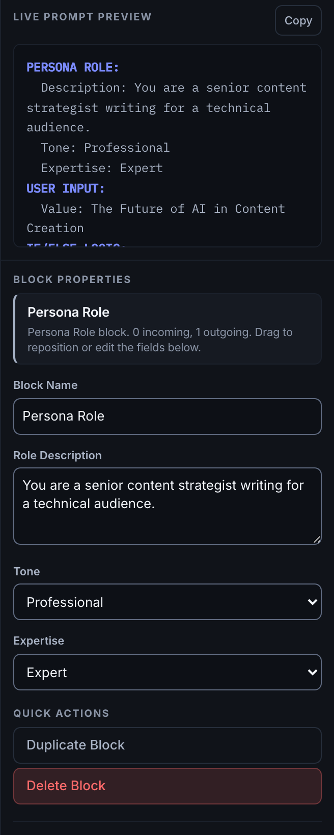 Block properties panel showing editable fields for the selected block including block name, role description, tone and expertise