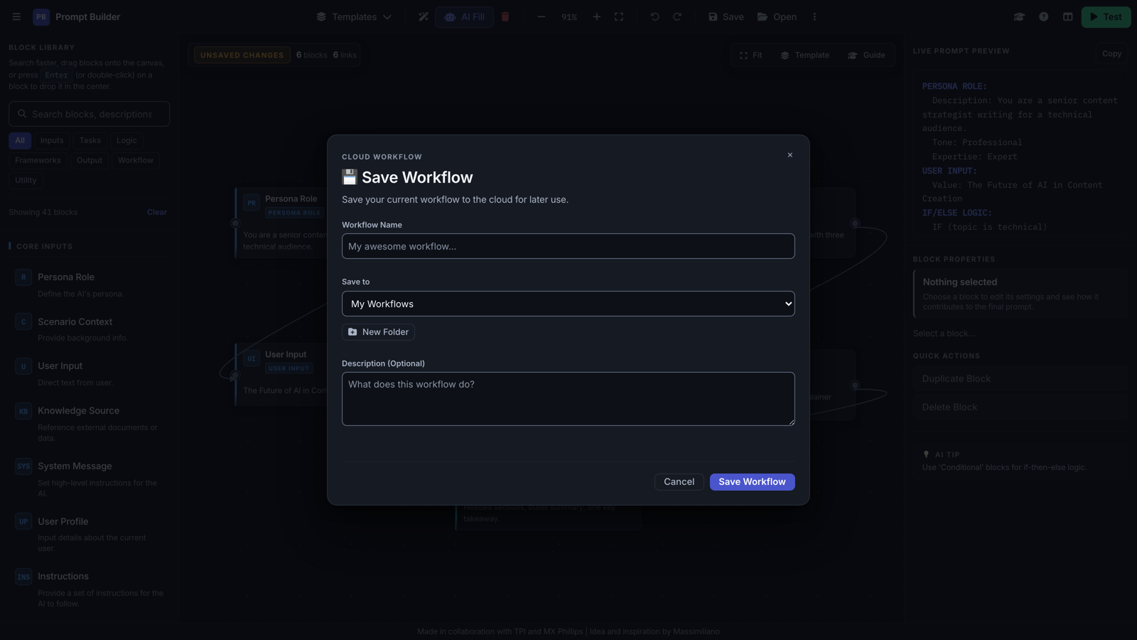 The Save Workflow dialog with fields for workflow name, a Save to folder selector, a New Folder button and an optional description