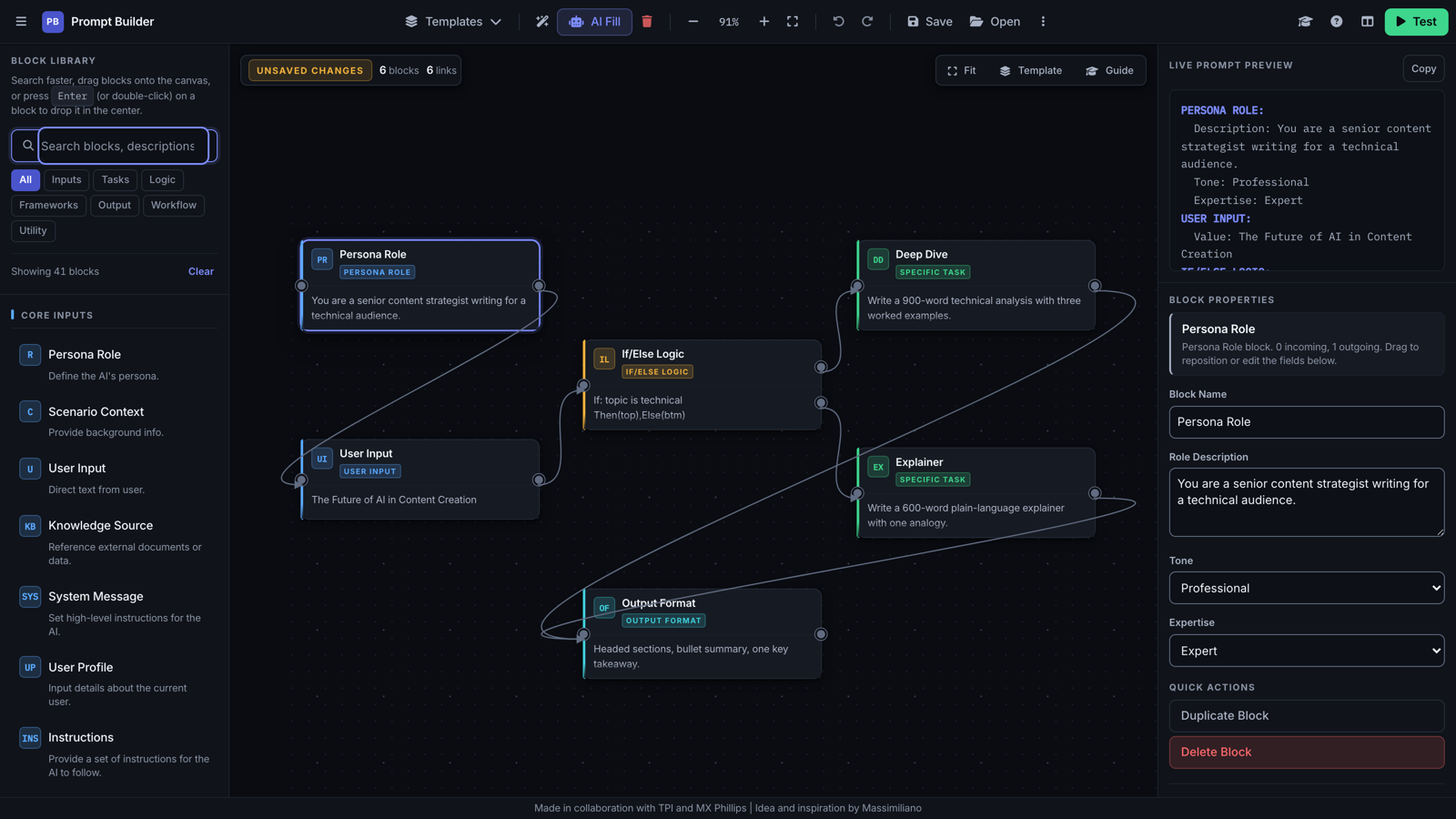 The Prompt Builder workspace: block library on the left, a branching workflow on the canvas, and the live compiled prompt on the right