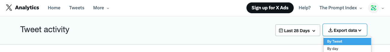 Second image in the tutorial showing how you can select your desired date range and download the data by clicking on the 'Download' button, then choose 'By Tweet' to export the data as a CSV file.