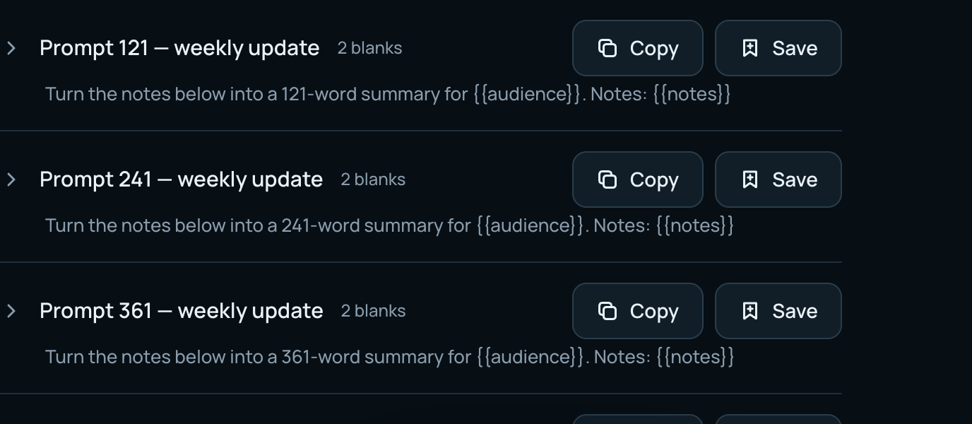 A shared collection as its recipient sees it: a list of prompts, each with its own Copy and Save buttons