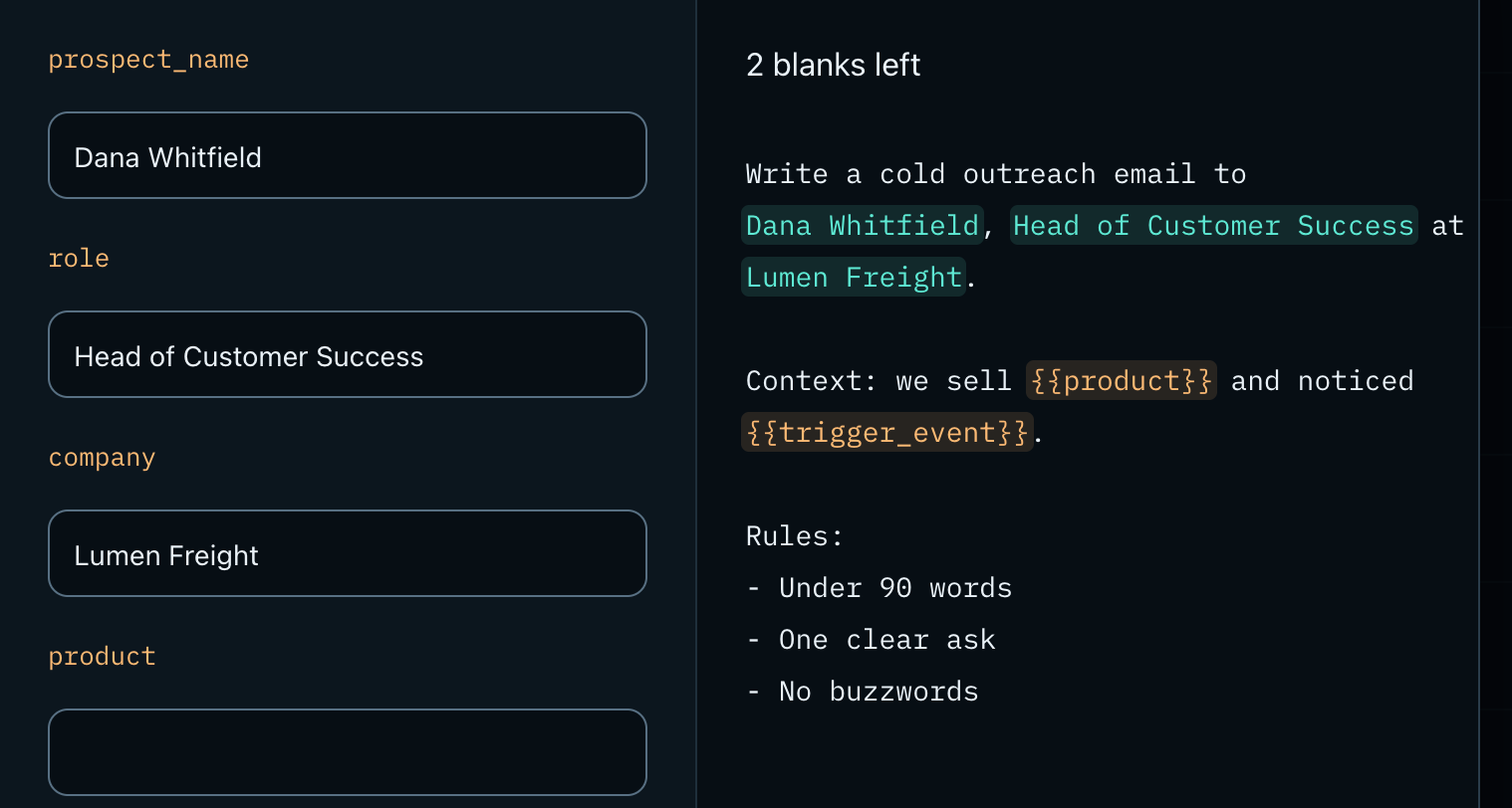 The Fill in the blanks sheet: one field per blank down the left, and on the right a live preview of the prompt with the three values already given shown in teal and the two blanks still to fill shown in peach
