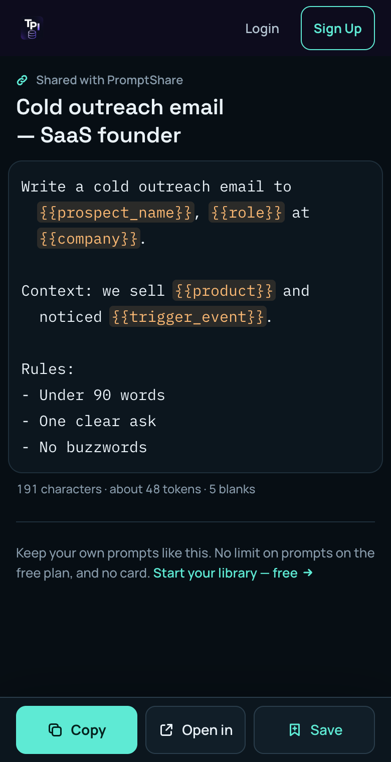A shared prompt on a phone: the title, the prompt text with its blanks, and Copy, Open in and Save buttons docked at the bottom